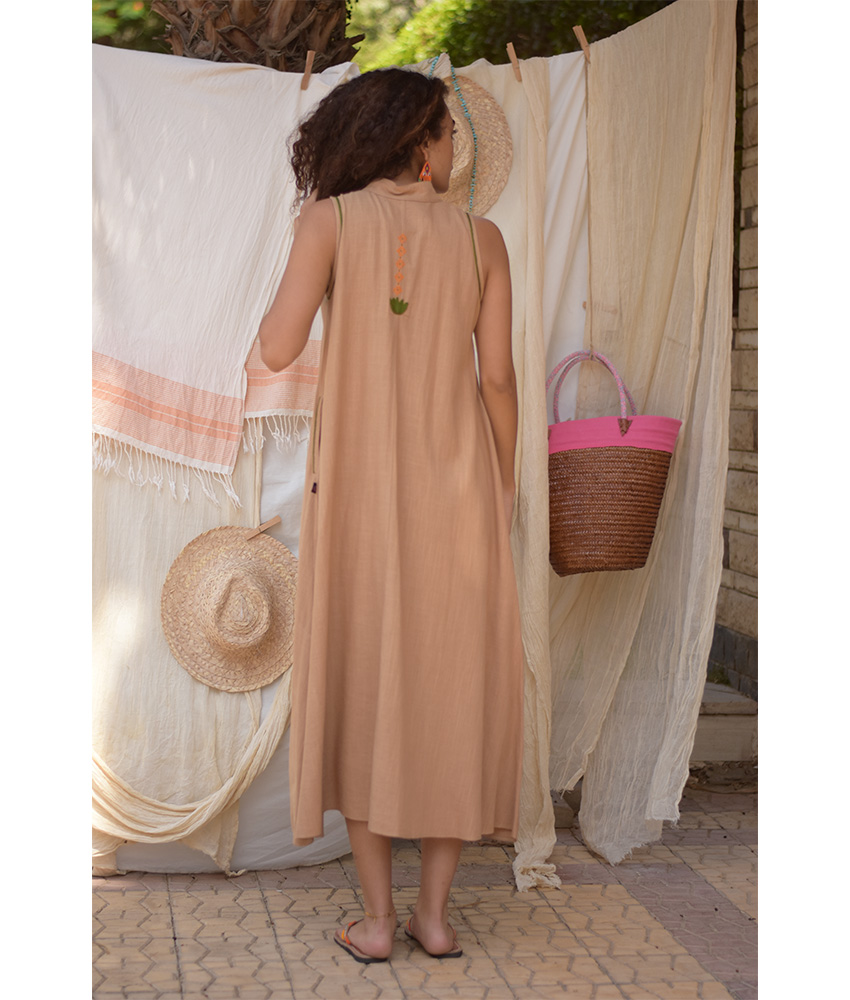 Dark Beige Linen Dress with Hand Embroideries handmade in Egypt & available at Jozee Boutique.