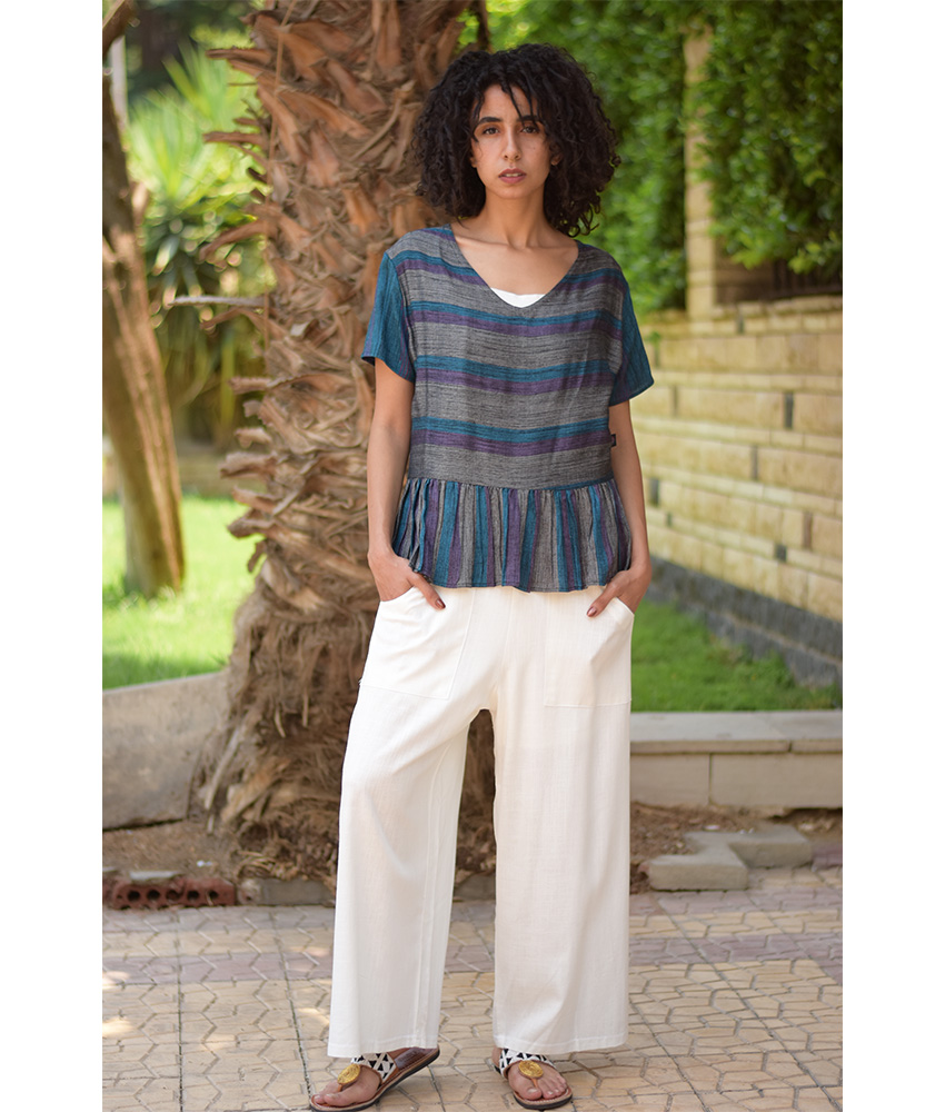 Multicolored Handwoven Ruffle Top handmade in Egypt & available in Jozee boutique