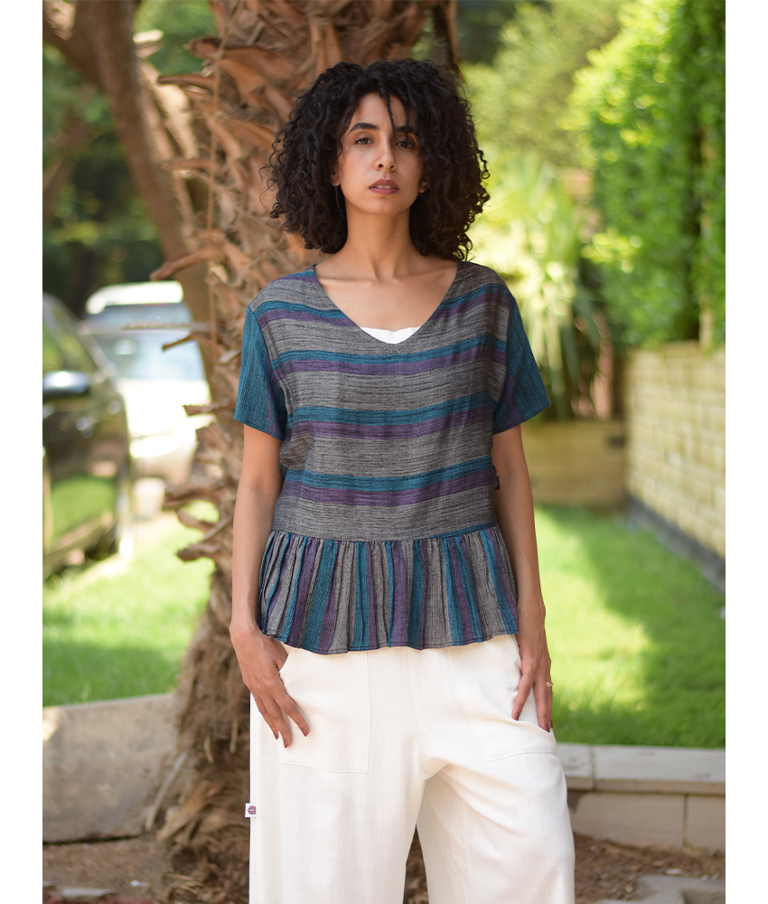 Multicolored Handwoven Ruffle Top handmade in Egypt & available in Jozee boutique