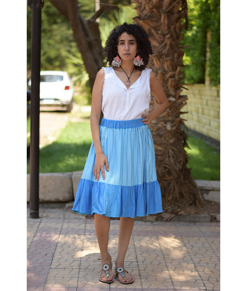 Shades of Blue Handwoven Short Ruffle Skirt handmade in Egypt & available at Jozee Boutique.