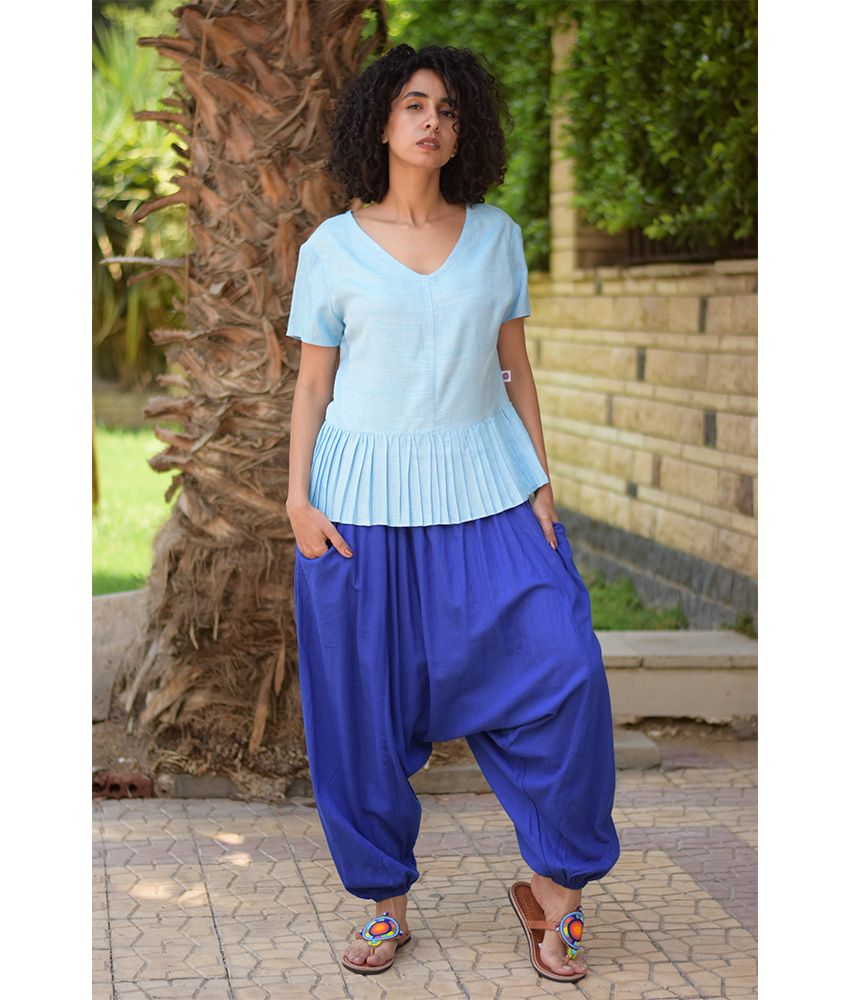 Baby Blue Handwoven Ruffle Top handmade in Egypt & available in Jozee boutique