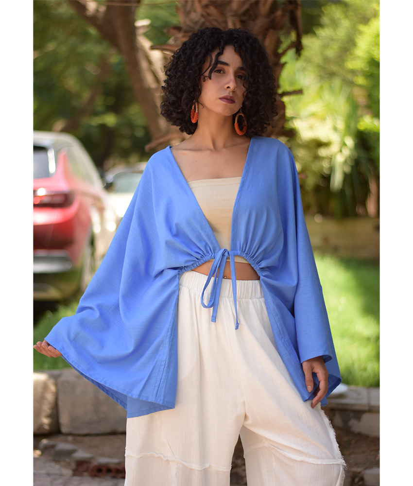 Deinm Blue Linen Bolero made in Egypt & available at Jozee Boutique.