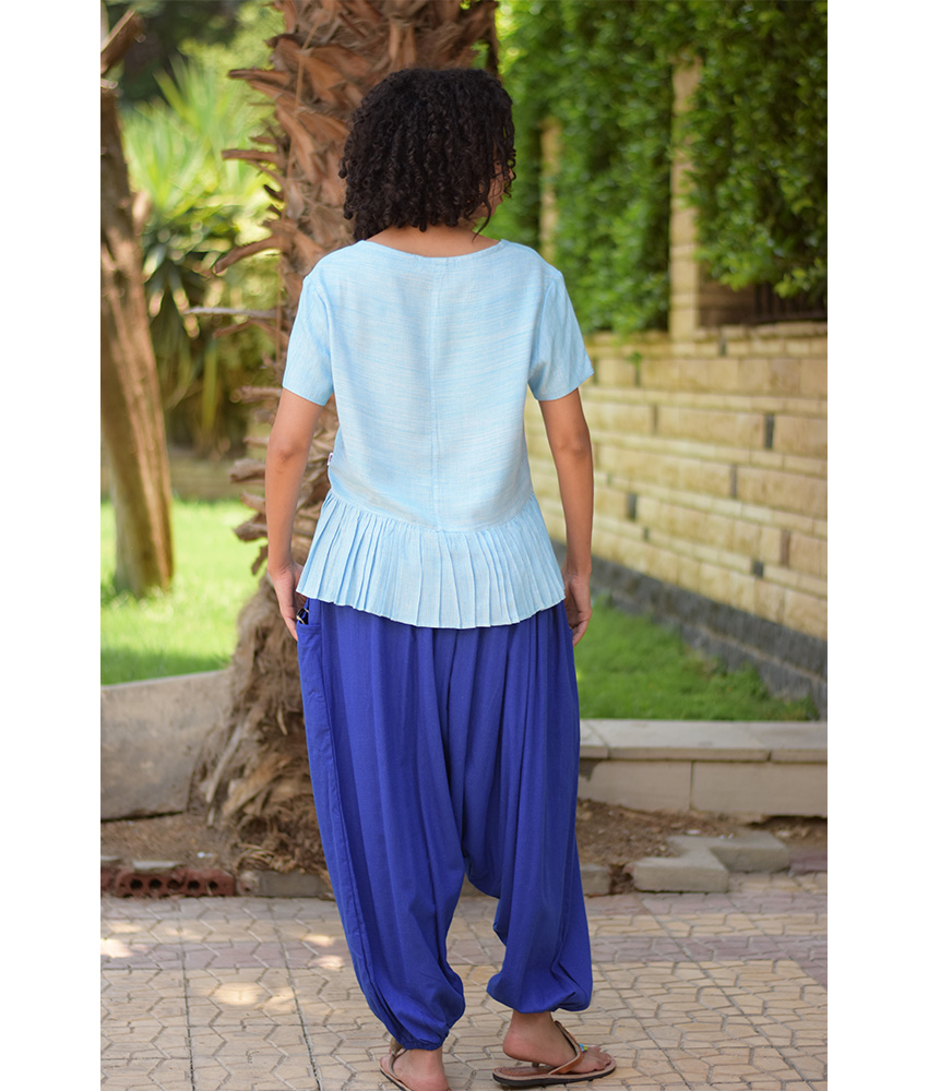 Baby Blue Handwoven Ruffle Top handmade in Egypt & available in Jozee boutique