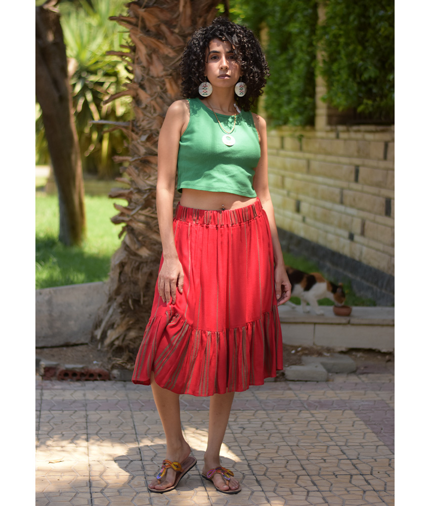 Red Handwoven short Ruffle Skirt handmade in Egypt & available at Jozee Boutique.