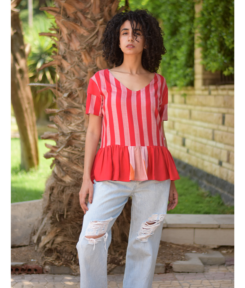 Shades of Red Handwoven Ruffle Top handmade in Egypt & available in Jozee boutique