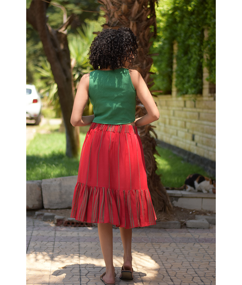 Red Handwoven short Ruffle Skirt handmade in Egypt & available at Jozee Boutique.
