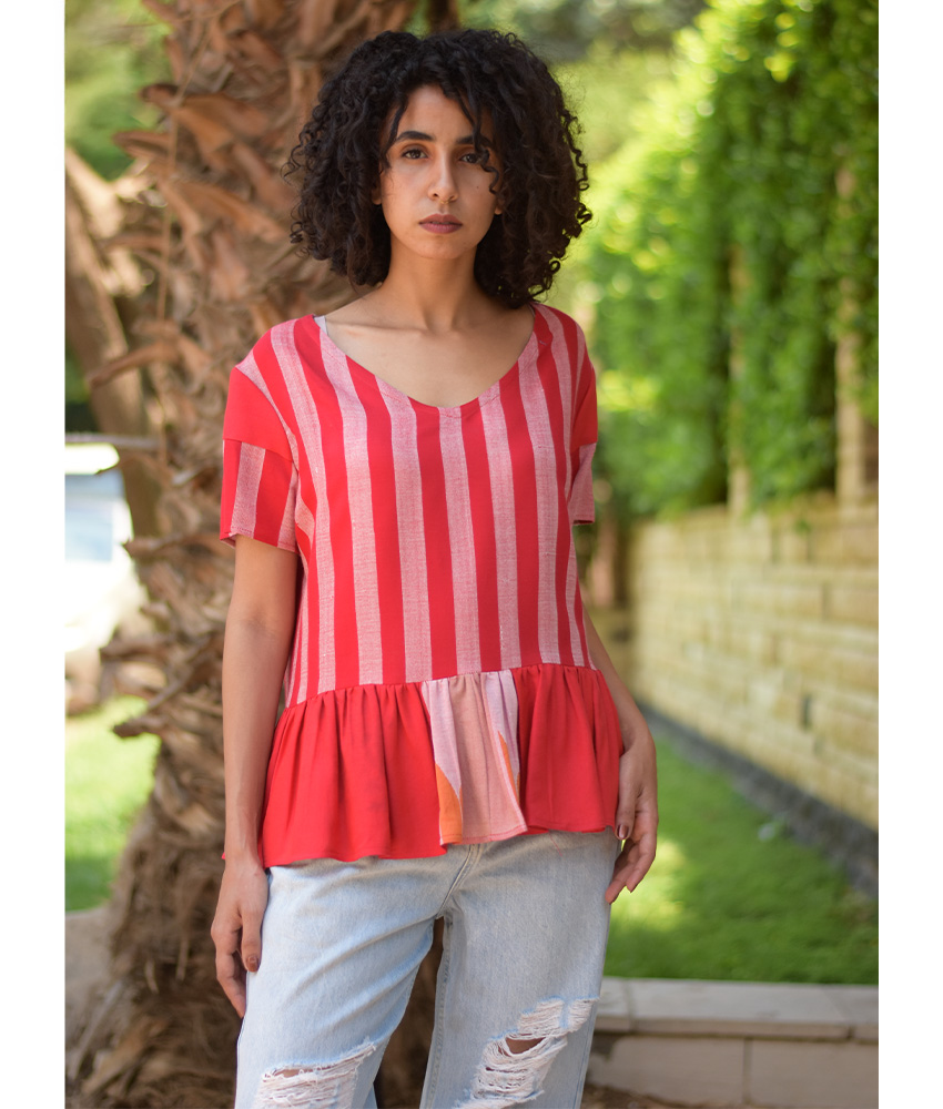 Shades of Red Handwoven Ruffle Top handmade in Egypt & available in Jozee boutique