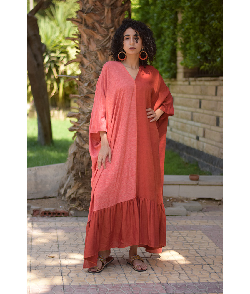 Shades of red Handwoven Ruffle Kaftan handmade in Egypt & available at Jozee boutique