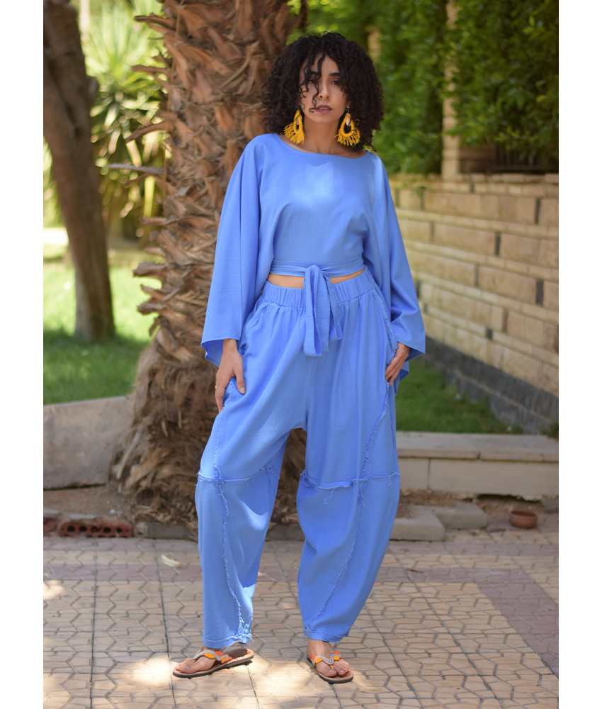 Denim Blue Kimono Linen Top handmade in Egypt & available at Jozee Boutique.