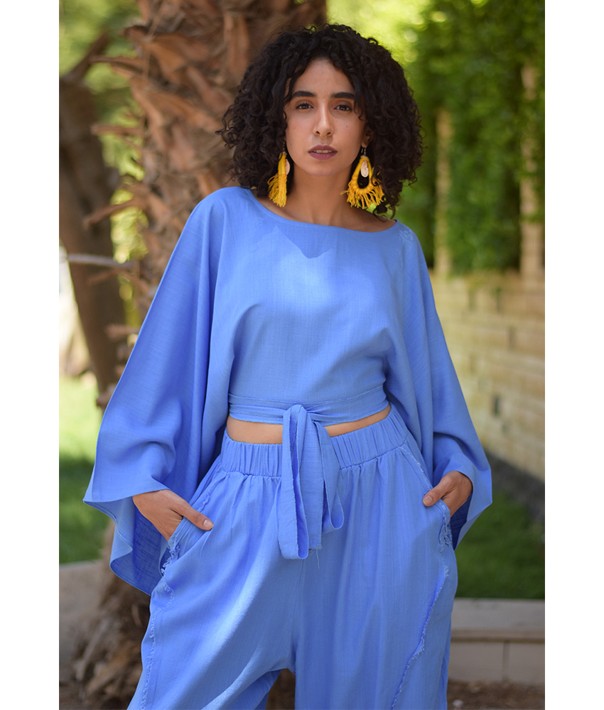 Denim Blue Kimono Linen Top handmade in Egypt & available at Jozee Boutique.