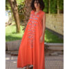 Orange Siwa Embroidered Linen Japanese Dress handmade in Egypt & available at Jozee Boutique.