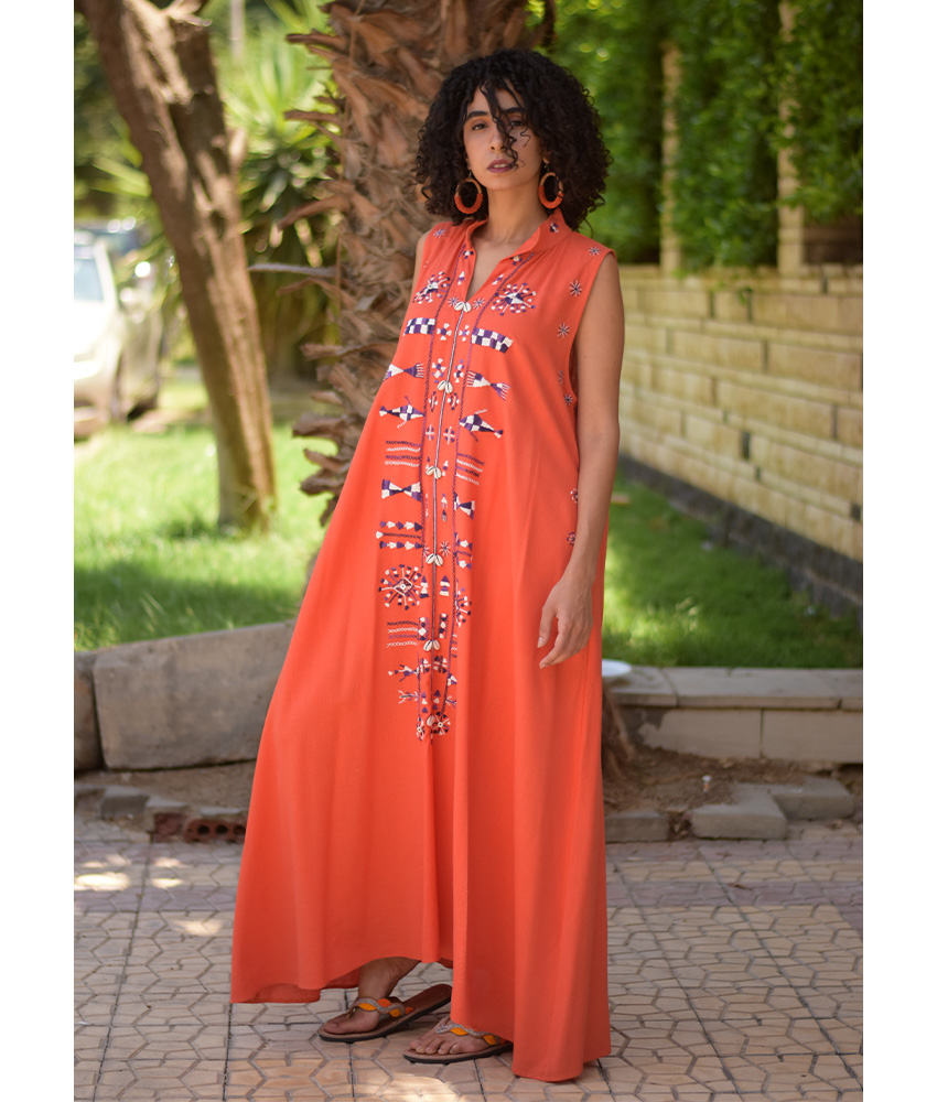 Orange Siwa Embroidered Linen Japanese Dress handmade in Egypt & available at Jozee Boutique.