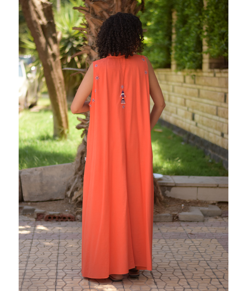 Orange Siwa Embroidered Linen Japanese Dress handmade in Egypt & available at Jozee Boutique.