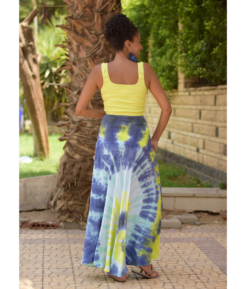 Yellow & Blue Tie Dyed Maxi Skirt handmade in Egypt & available at Jozee Boutique.