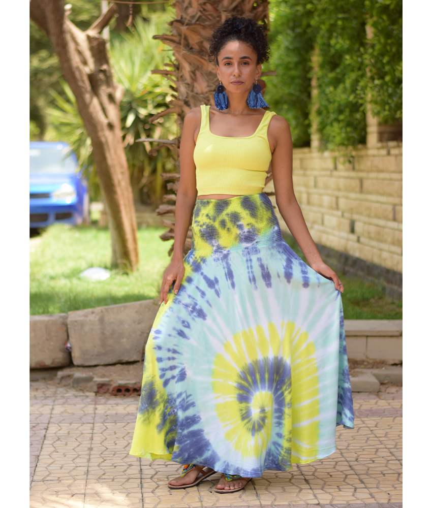 Yellow & Blue Tie Dyed Maxi Skirt handmade in Egypt & available at Jozee Boutique.