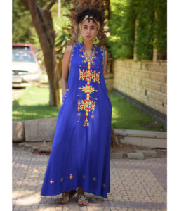 Electric Blue Siwa Embroidered Linen Japanese Dress handmade in Egypt & available at Jozee Boutique.