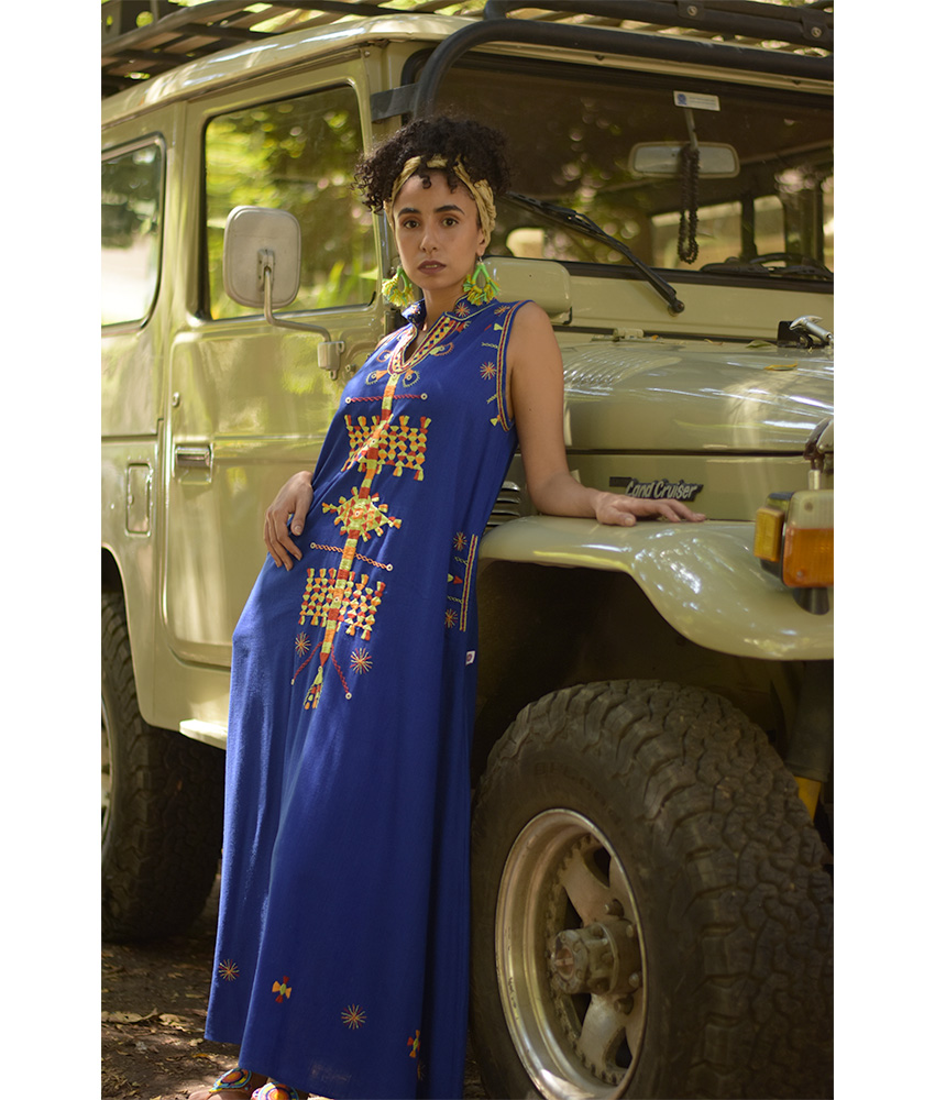 Electric Blue Siwa Embroidered Linen Japanese Dress handmade in Egypt & available at Jozee Boutique.