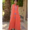 Orange Siwa Embroidered Linen Japanese Dress handmade in Egypt & available at Jozee Boutique.