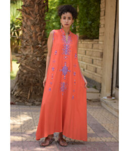 Orange Siwa Embroidered Linen Japanese Dress handmade in Egypt & available at Jozee Boutique.