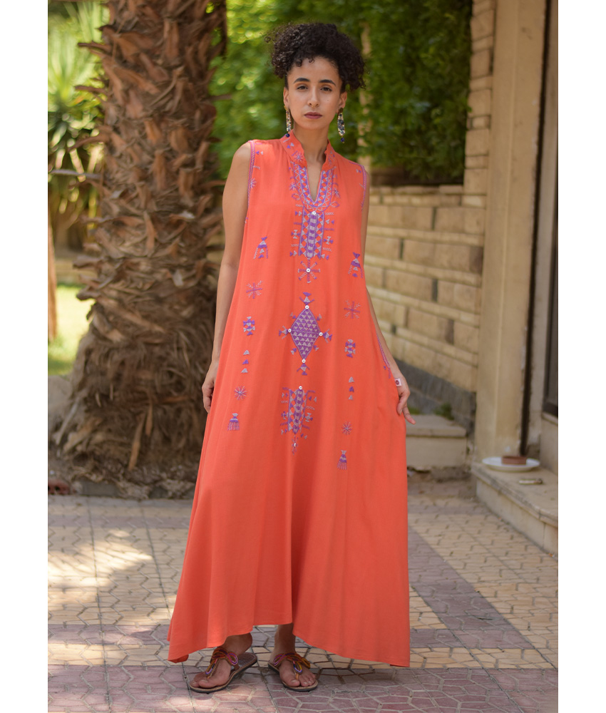 Orange Siwa Embroidered Linen Japanese Dress handmade in Egypt & available at Jozee Boutique.