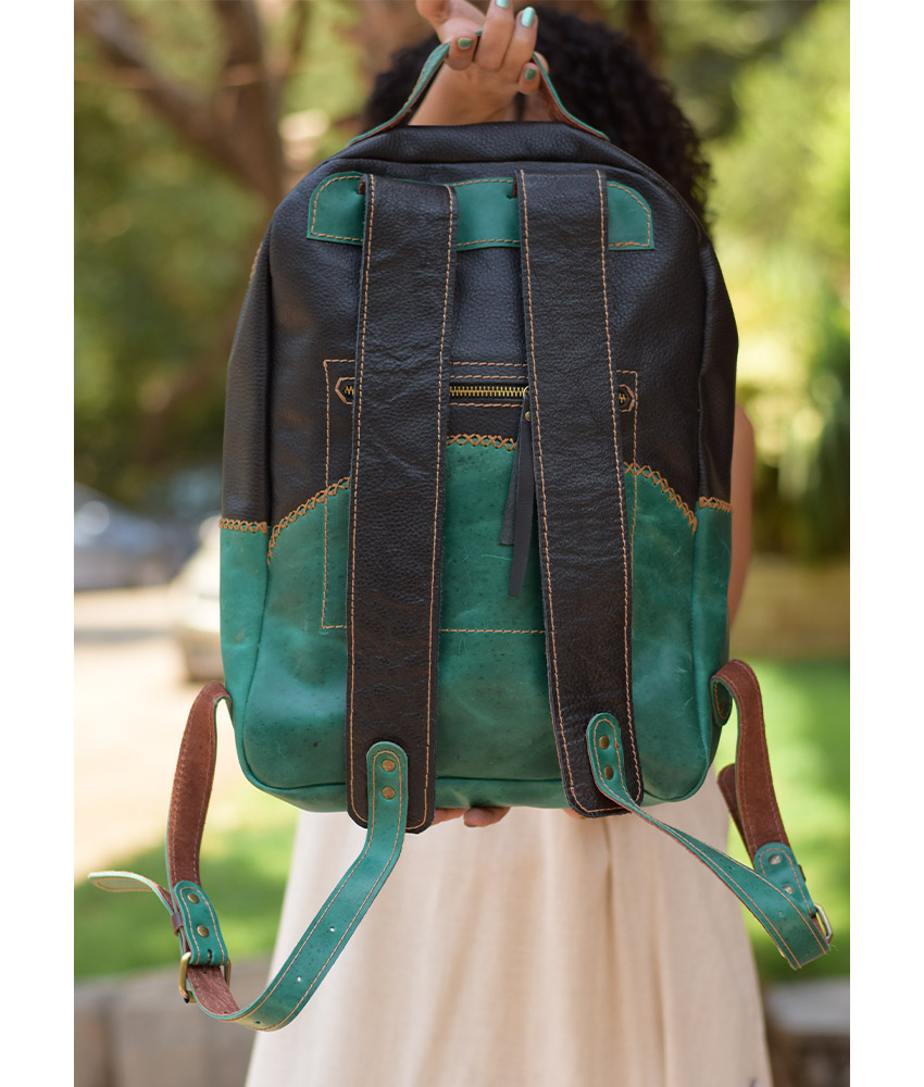 Black & Green Genuine Leather Backpack handmade in Egypt and available at Jozee Boutique.