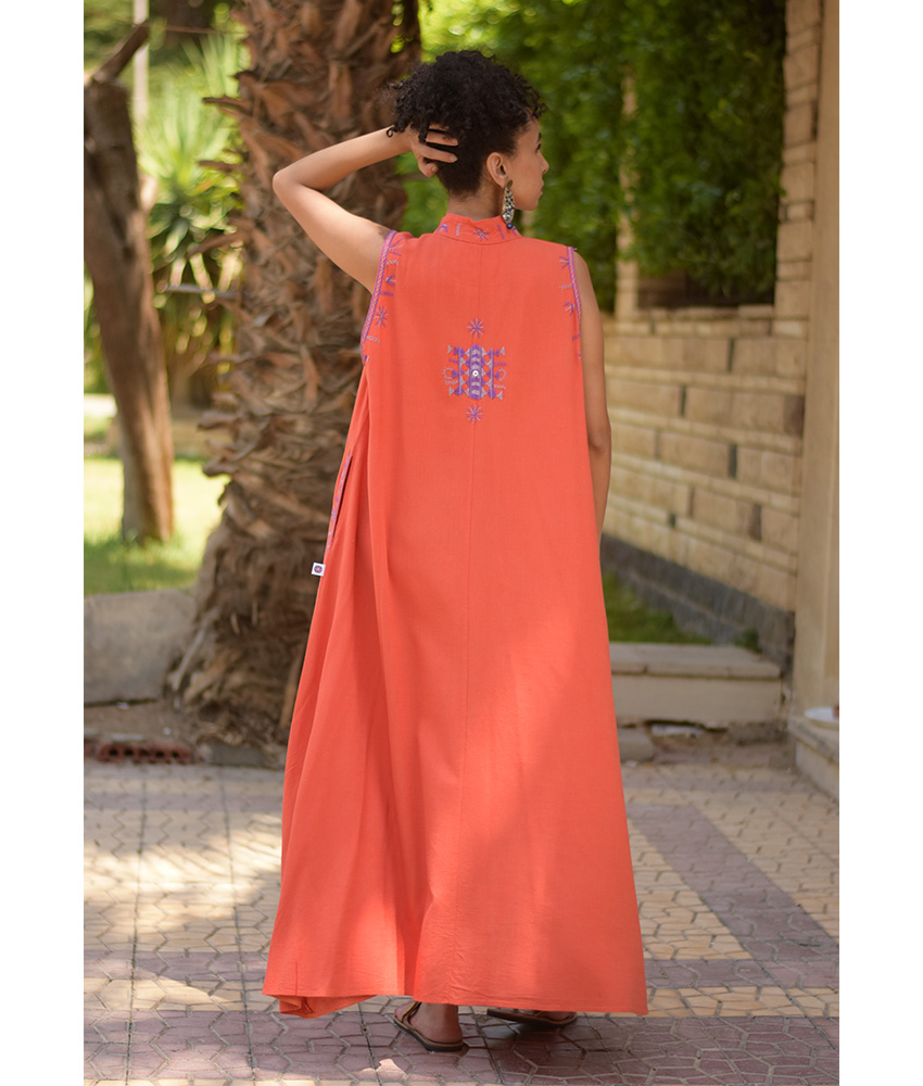 Orange Siwa Embroidered Linen Japanese Dress handmade in Egypt & available at Jozee Boutique.