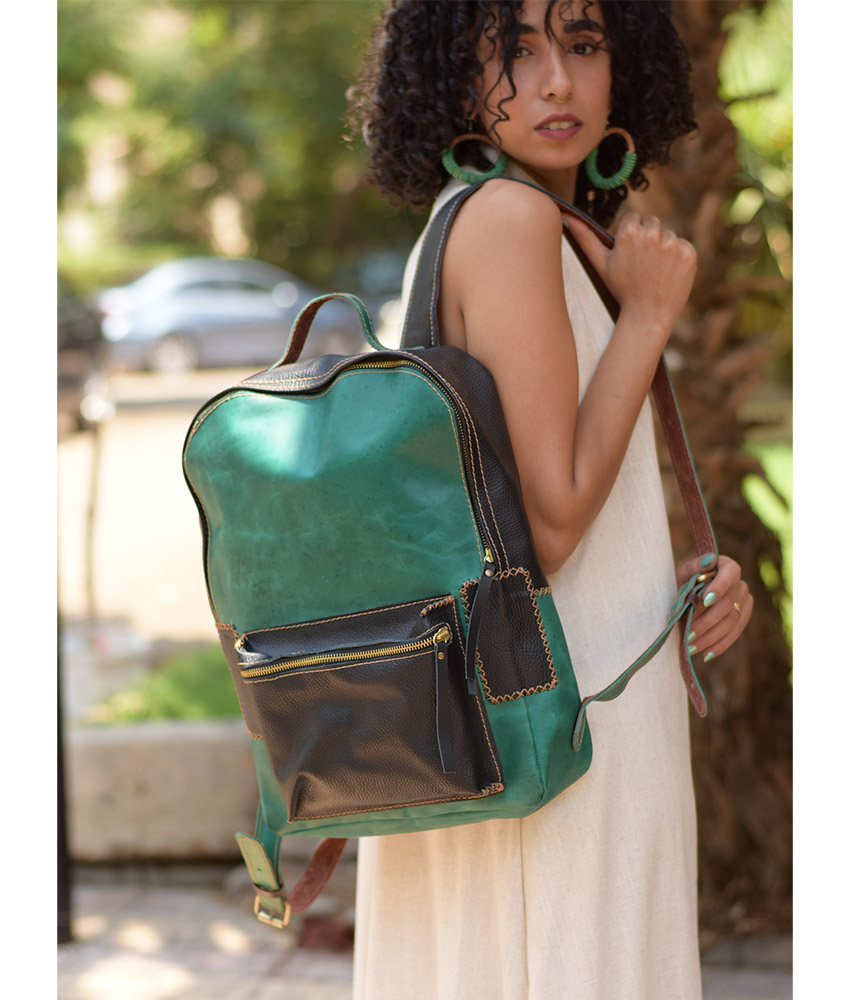 Black & Green Genuine Leather Backpack handmade in Egypt and available at Jozee Boutique.