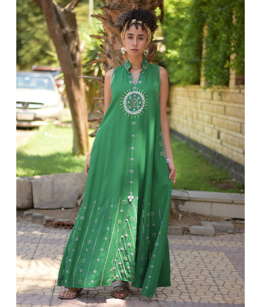 Green Siwa Embroidered Linen Japanese Dress handmade in Egypt & available at Jozee Boutique.