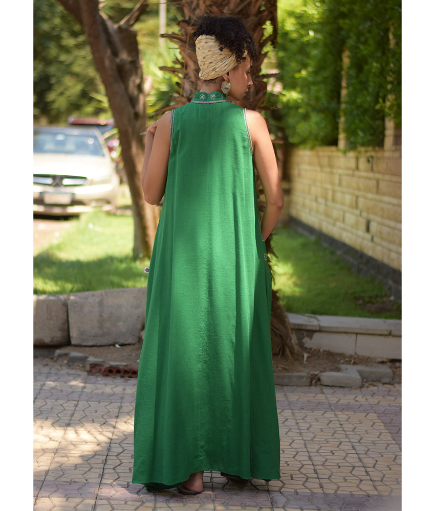 Green Siwa Embroidered Linen Japanese Dress handmade in Egypt & available at Jozee Boutique.