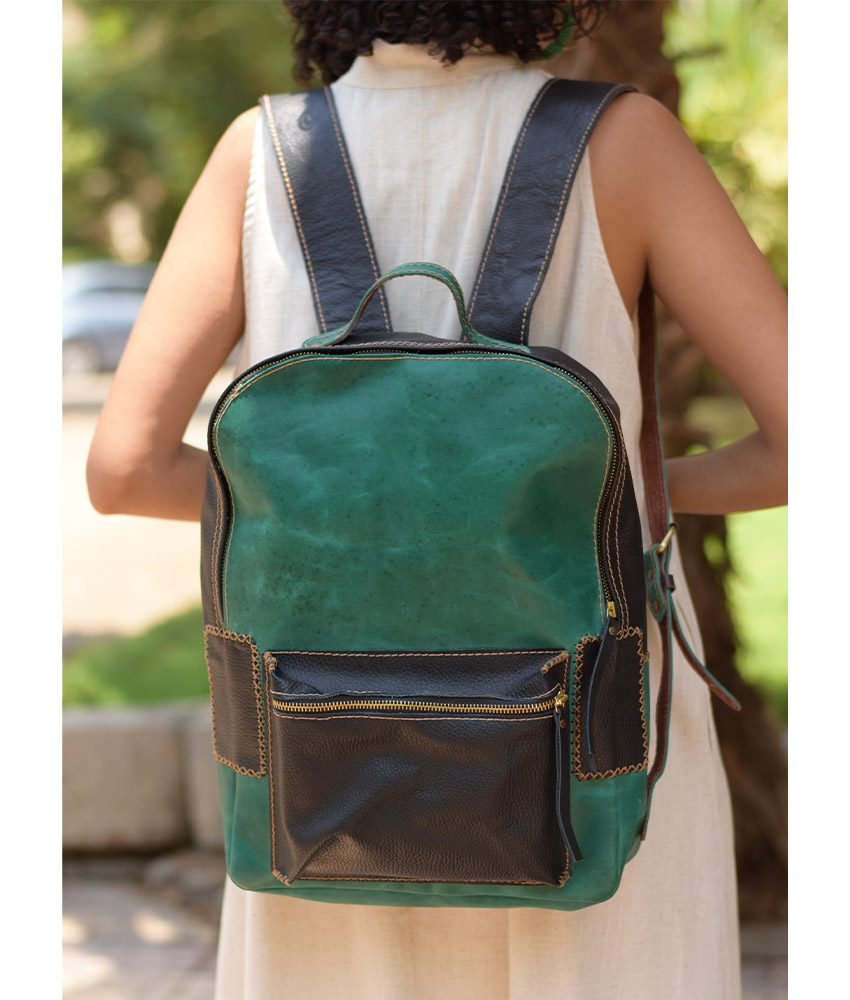 Black & Green Genuine Leather Backpack handmade in Egypt and available at Jozee Boutique.