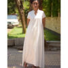 Off White Linen Dress with gold Tally Embroideries handmade in Egypt & available at Jozee Boutique.