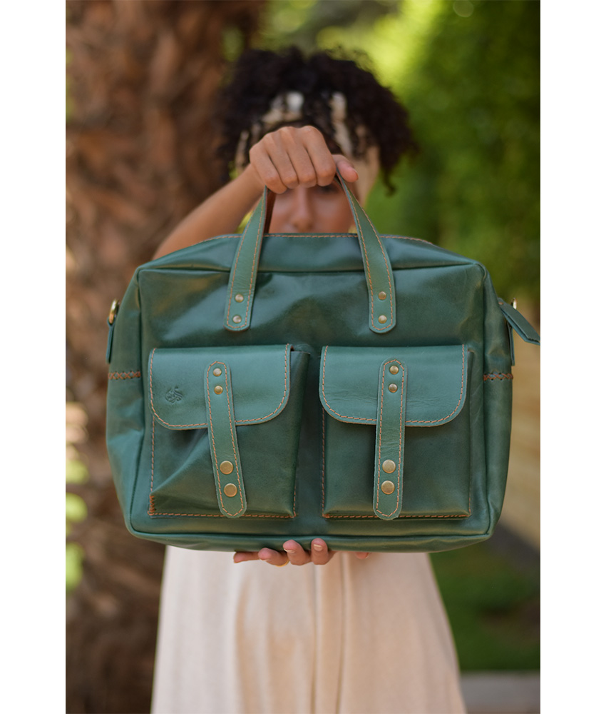 Green Genuine Leather Laptop Bag handmade in Egypt & available in Jozee Boutique