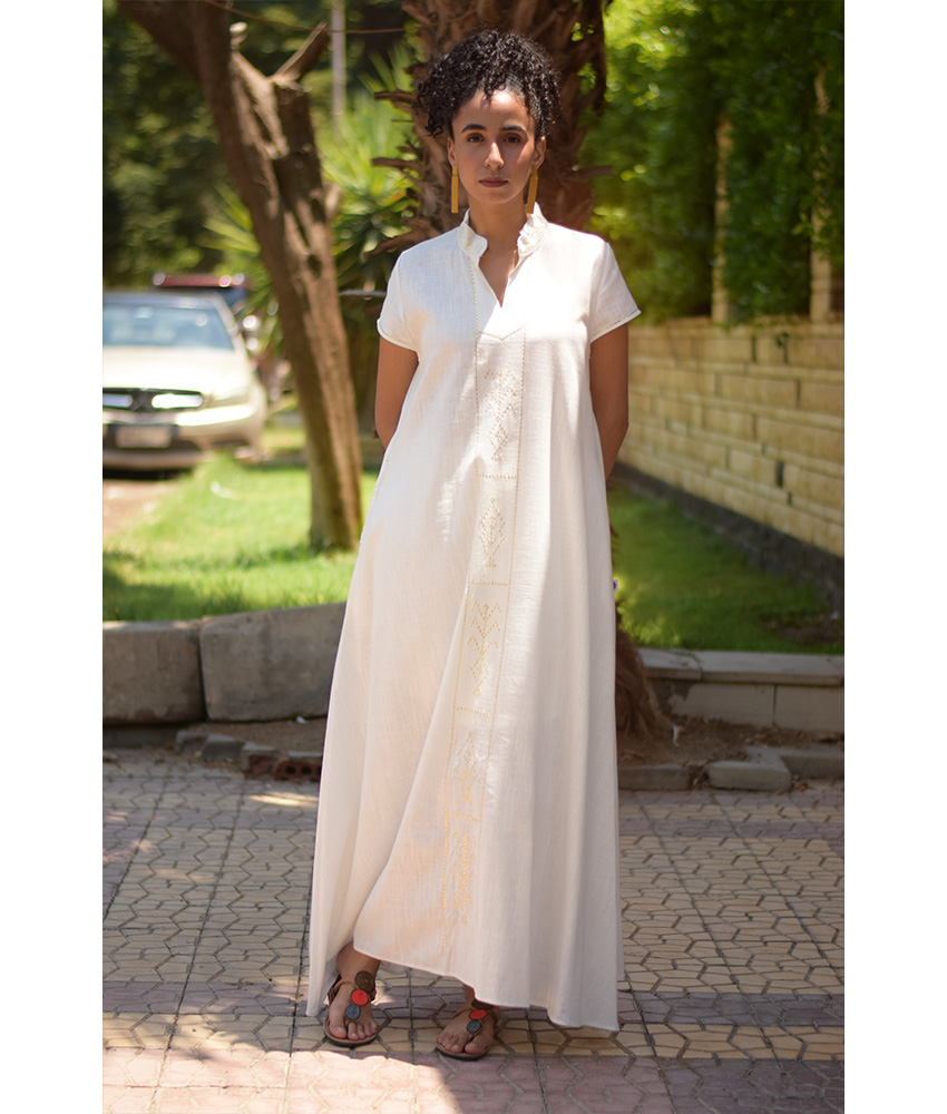 Off White Linen Dress with gold Tally Embroideries handmade in Egypt & available at Jozee Boutique.