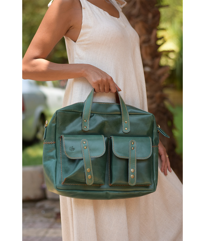 Green Genuine Leather Laptop Bag handmade in Egypt & available in Jozee Boutique