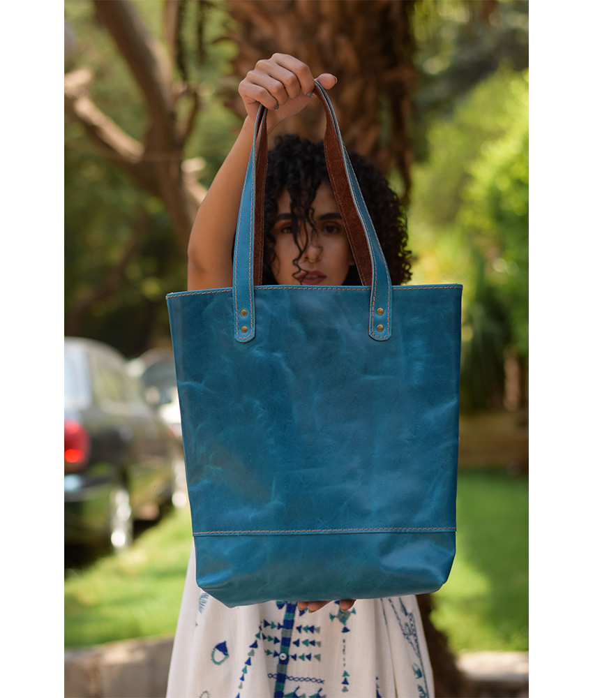 Petrol blue Genuine Leather Hand Bag handmade in Egypt and available at Jozee Boutique.