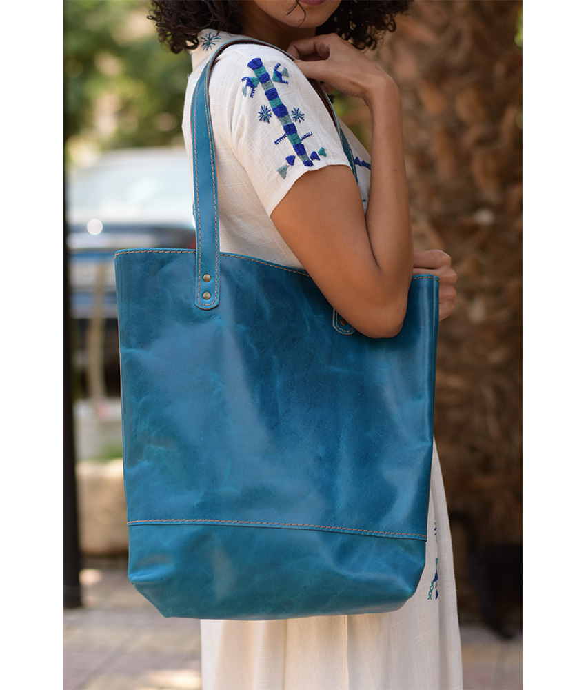 Petrol blue Genuine Leather Hand Bag handmade in Egypt and available at Jozee Boutique.