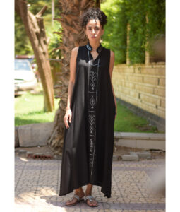 Black Linen Dress with Tally Embroideries handmade in Egypt & available at Jozee Boutique.