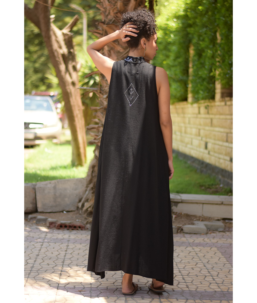 Black Linen Dress with Tally Embroideries handmade in Egypt & available at Jozee Boutique.