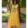 Mustard Siwa Embroidered Linen Japanese Dress handmade in Egypt & available at Jozee Boutique.
