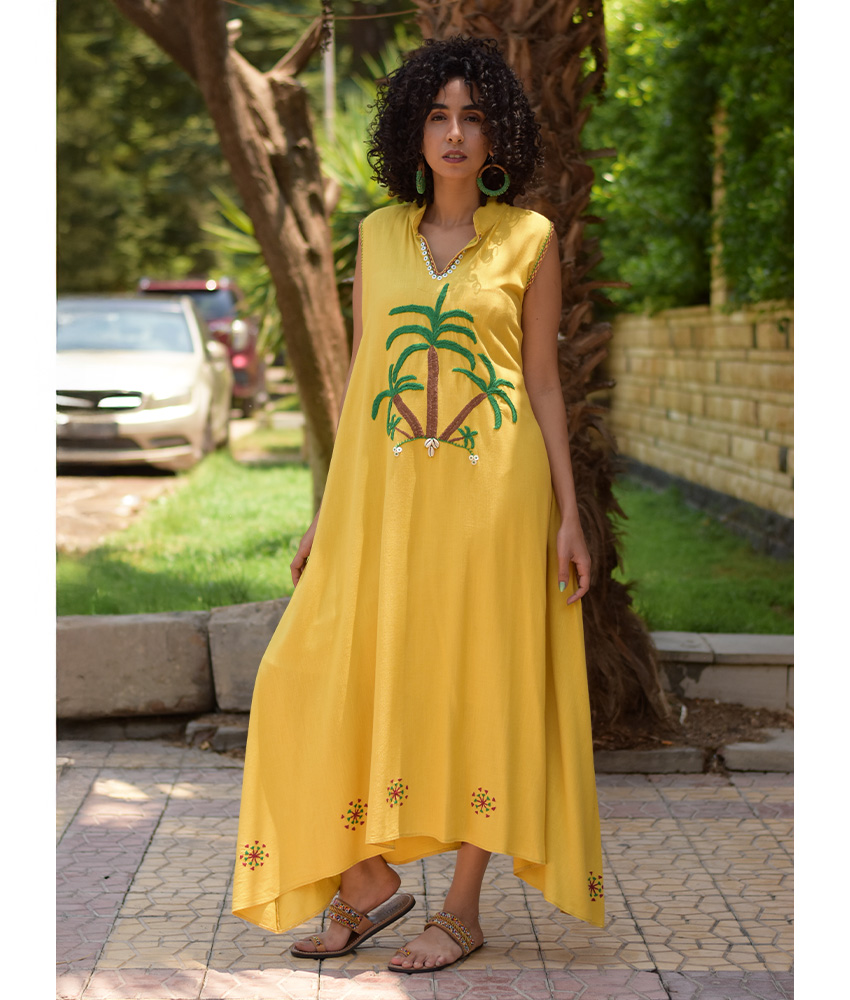 Mustard Siwa Embroidered Linen Japanese Dress handmade in Egypt & available at Jozee Boutique.