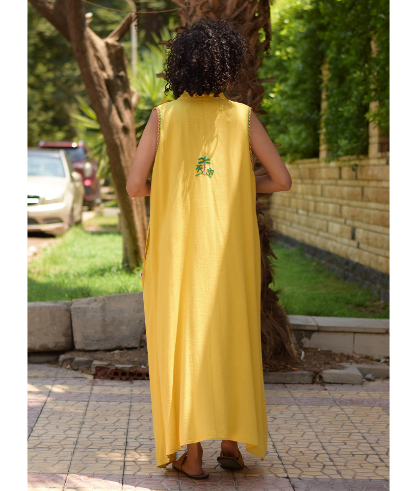 Mustard Siwa Embroidered Linen Japanese Dress handmade in Egypt & available at Jozee Boutique.