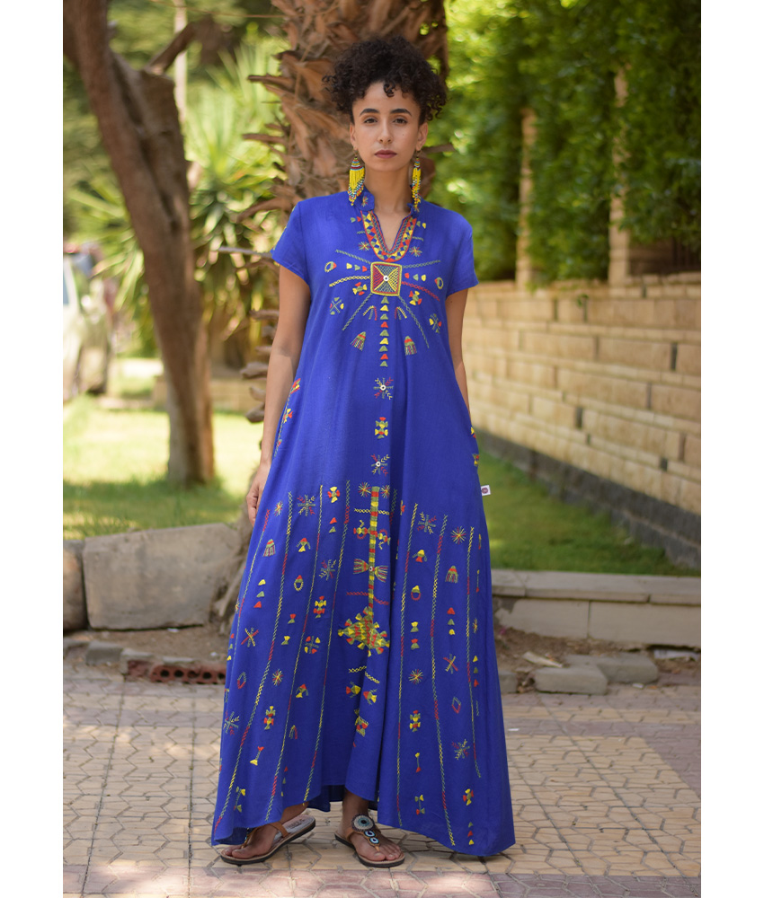 Electric Blue Siwa Embroidered Linen Japanese Dress handmade in Egypt & available at Jozee Boutique.