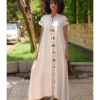 Off White Siwa Embroidered Linen Japanese Dress handmade in Egypt & available at Jozee Boutique.