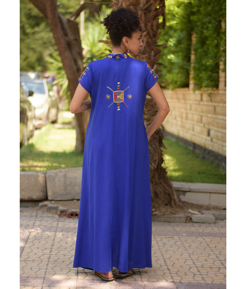 Electric Blue Siwa Embroidered Linen Japanese Dress handmade in Egypt & available at Jozee Boutique.