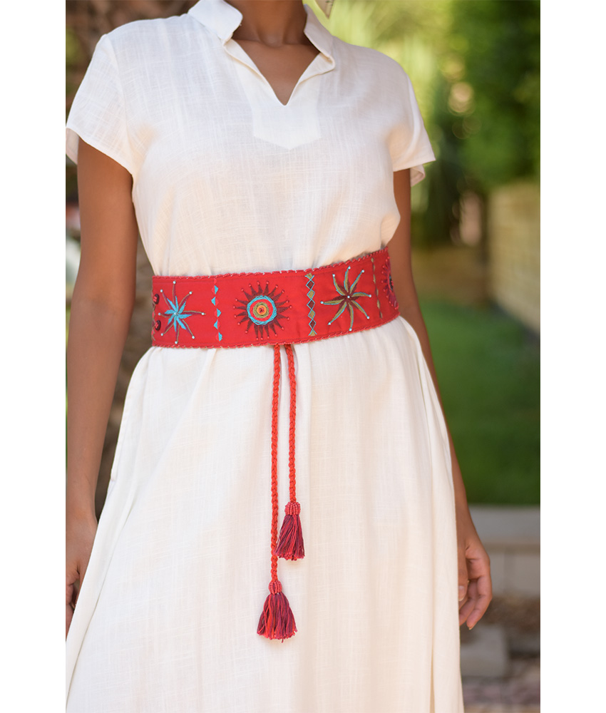 Red Saint Catherine embroidered wide belt handmade in Egypt & available at Jozee boutique