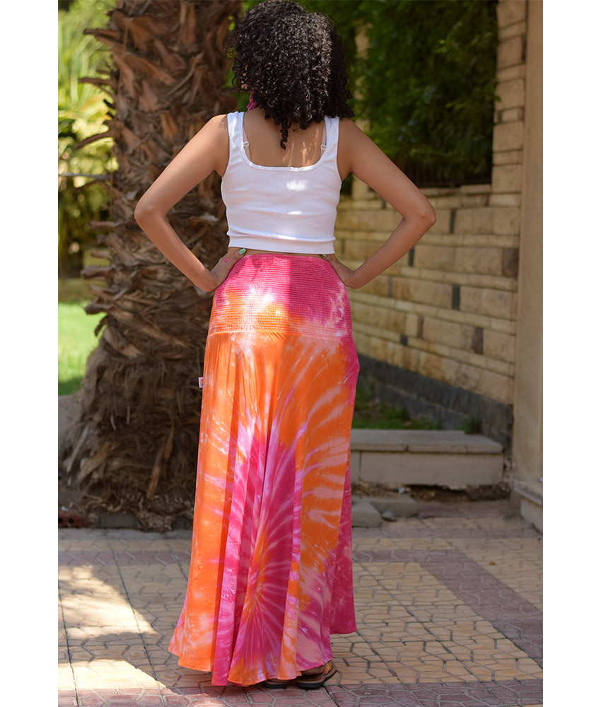 Pink & Orange Tie Dyed Maxi Skirt handmade in Egypt & available at Jozee Boutique.