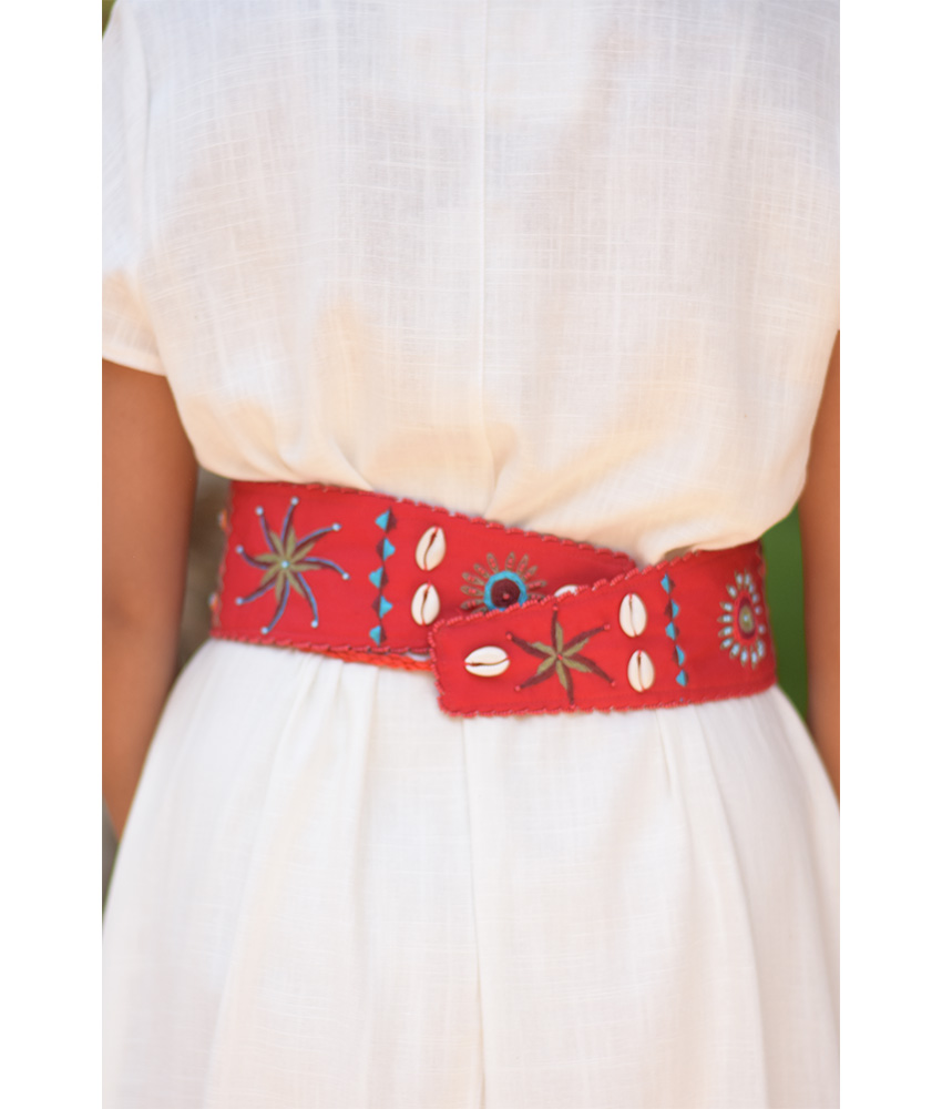 Red Saint Catherine embroidered wide belt handmade in Egypt & available at Jozee boutique