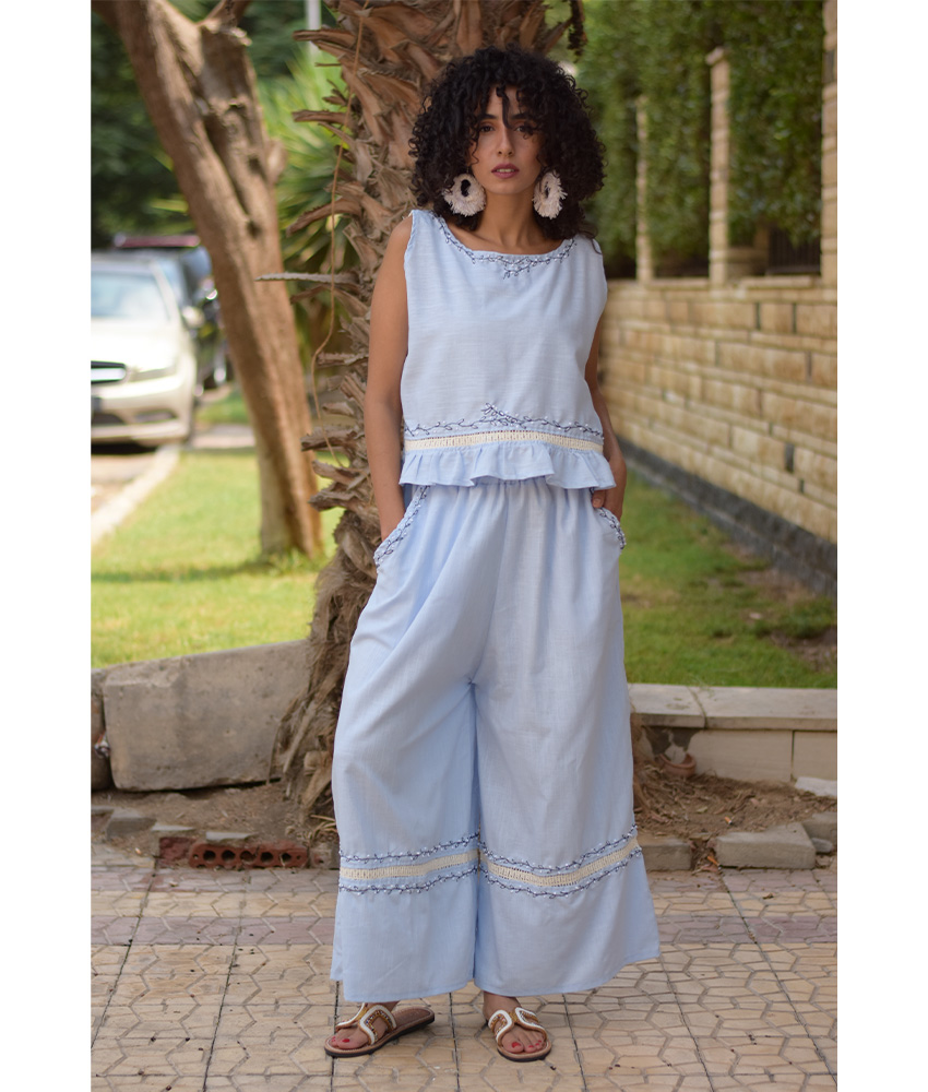 Baby blue Linen Set with Hand Embroideries handmade in Egypt & available at Jozee Boutique.