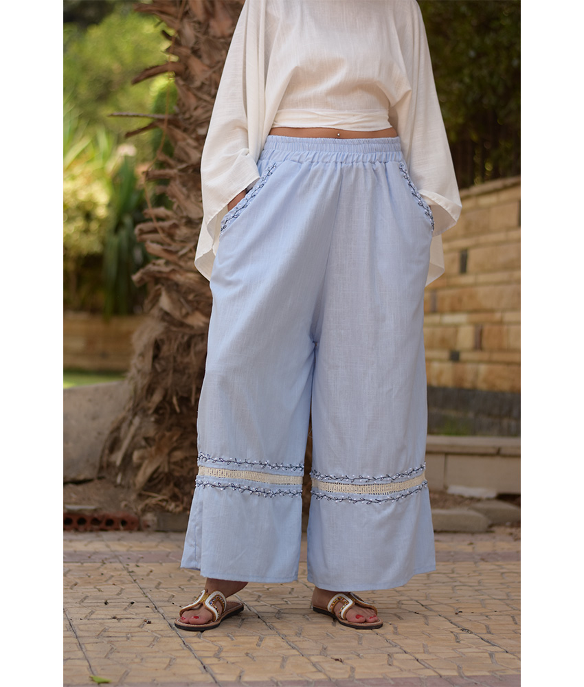 Baby blue Linen Set with Hand Embroideries handmade in Egypt & available at Jozee Boutique.