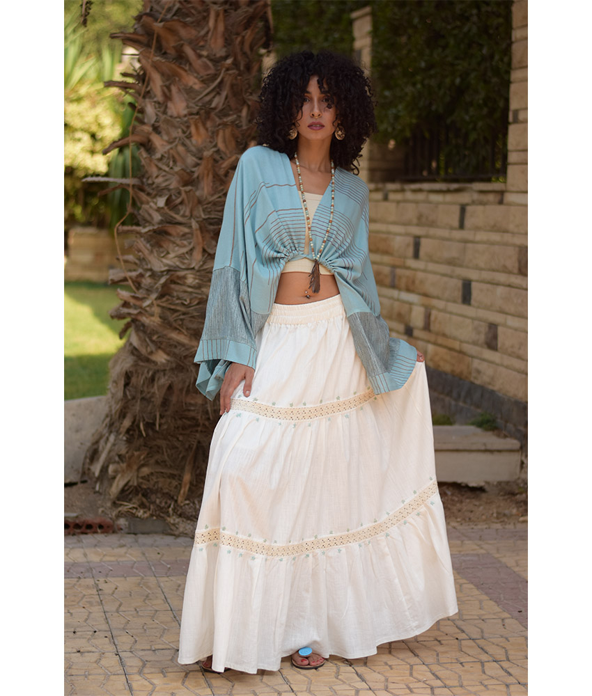 White Linen Skirt with Hand Embroideries handmade in Egypt & available at Jozee Boutique.